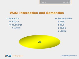 Page: 49            July 5, 2011




    W3C: Interaction and Semantics
   Interaction                            Semantic Web
     HTML5                                  OWL
     JavaScript                             RDF
         JQuery                             RDFa
                                             JSON




                           VIE




      www.iks-project.eu                      Copyright IKSIKS Consortium
                                                 Copyright Consortium
 