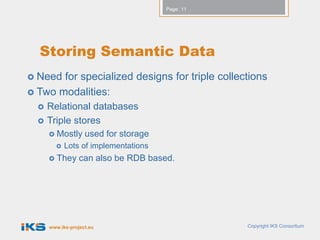 Page: 11




  Storing Semantic Data
 Need for specialized designs for triple collections
 Two modalities:
     Relational databases
     Triple stores
       Mostly      used for storage
           Lots of implementations
       They      can also be RDB based.




      www.iks-project.eu                          Copyright IKS Consortium
 