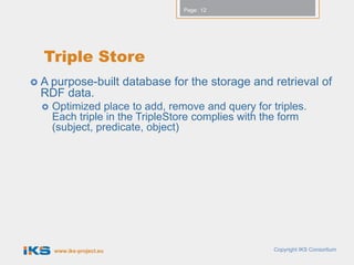 Page: 12




  Triple Store
 A purpose-built          database for the storage and retrieval of
  RDF data.
     Optimized place to add, remove and query for triples.
      Each triple in the TripleStore complies with the form
      (subject, predicate, object)




      www.iks-project.eu                                Copyright IKS Consortium
 
