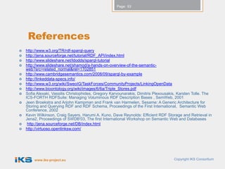 Page: 53




     References
   http://www.w3.org/TR/rdf-sparql-query
   http://jena.sourceforge.net/tutorial/RDF_API/index.html
   http://www.slideshare.net/ldodds/sparql-tutorial
   http://www.slideshare.net/shamod/a-hands-on-overview-of-the-semantic-
    web?src=related_normal&rel=1702851
   http://www.cambridgesemantics.com/2008/09/sparql-by-example
   http://linkeddata-specs.info/
   http://www.w3.org/wiki/SweoIG/TaskForces/CommunityProjects/LinkingOpenData
   http://www.bioontology.org/wiki/images/6/6a/Triple_Stores.pdf
   Sofia Alexaki, Vassilis Christophides, Gregory Karvounarakis, Dimitris Plexousakis, Karsten Tolle. The
    ICS-FORTH RDFSuite: Managing Voluminous RDF Description Bases , SemWeb, 2001
   Jeen Broekstra and Arjohn Kampman and Frank van Harmelen, Sesame: A Generic Architecture for
    Storing and Querying RDF and RDF Schema, Proceedings of the First International, Semantic Web
    Conference, 2002
   Kevin Wilkinson, Craig Sayers, Harumi A. Kuno, Dave Reynolds: Efficient RDF Storage and Retrieval in
    Jena2, Proceedings of SWDB'03, The first International Workshop on Semantic Web and Databases
    http://jena.sourceforge.net/DB/index.html
   http://virtuoso.openlinksw.com/




        www.iks-project.eu                                                           Copyright IKS Consortium
 