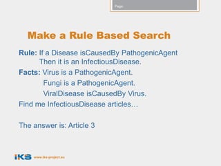 Page:




  Make a Rule Based Search
Rule: If a Disease isCausedBy PathogenicAgent
      Then it is an InfectiousDisease.
Facts: Virus is a PathogenicAgent.
        Fungi is a PathogenicAgent.
        ViralDisease isCausedBy Virus.
Find me InfectiousDisease articles…

The answer is: Article 3



    www.iks-project.eu
 