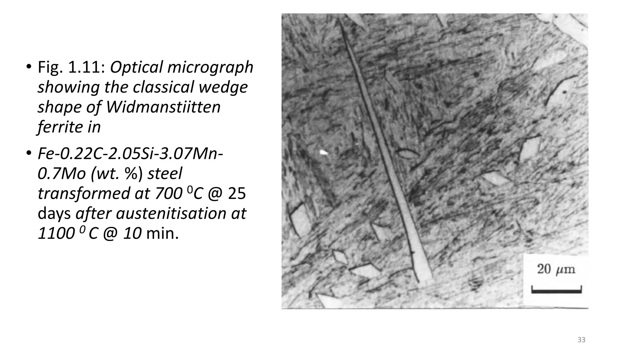 • Fig. 1.11: Optical micrograph
showing the classical wedge
shape of Widmanstiitten
ferrite in
• Fe-0.22C-2.05Si-3.07Mn-
0.7Mo (wt. %) steel
transformed at 700 0C @ 25
days after austenitisation at
1100 0 C @ 10 min.
33
 