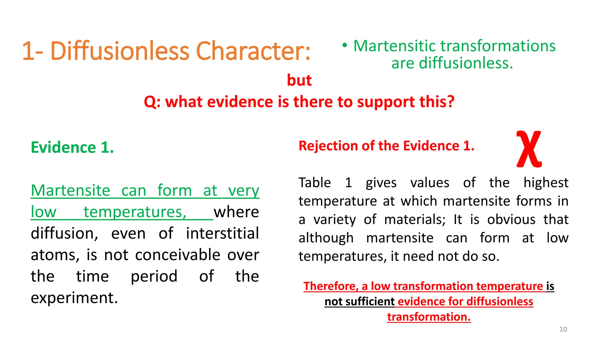 1- Diffusionless Character: • Martensitic transformations
are diffusionless.
10
Evidence 1.
Martensite can form at very
low temperatures, where
diffusion, even of interstitial
atoms, is not conceivable over
the time period of the
experiment.
Rejection of the Evidence 1.
Table 1 gives values of the highest
temperature at which martensite forms in
a variety of materials; It is obvious that
although martensite can form at low
temperatures, it need not do so.
but
Q: what evidence is there to support this?
χ
Therefore, a low transformation temperature is
not sufficient evidence for diffusionless
transformation.
 