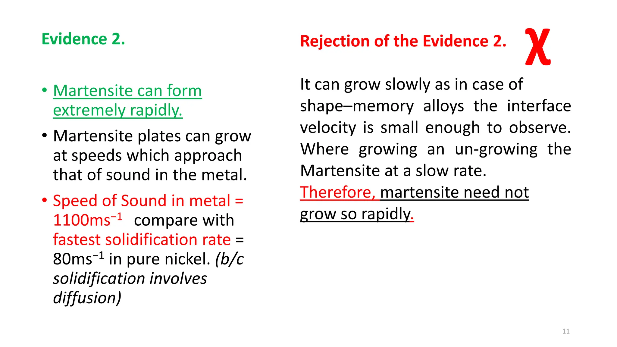 Evidence 2.
• Martensite can form
extremely rapidly.
• Martensite plates can grow
at speeds which approach
that of sound in the metal.
• Speed of Sound in metal =
1100ms−1 compare with
fastest solidification rate =
80ms−1 in pure nickel. (b/c
solidification involves
diffusion)
11
Rejection of the Evidence 2.
It can grow slowly as in case of
shape–memory alloys the interface
velocity is small enough to observe.
Where growing an un-growing the
Martensite at a slow rate.
Therefore, martensite need not
grow so rapidly.
χ
 