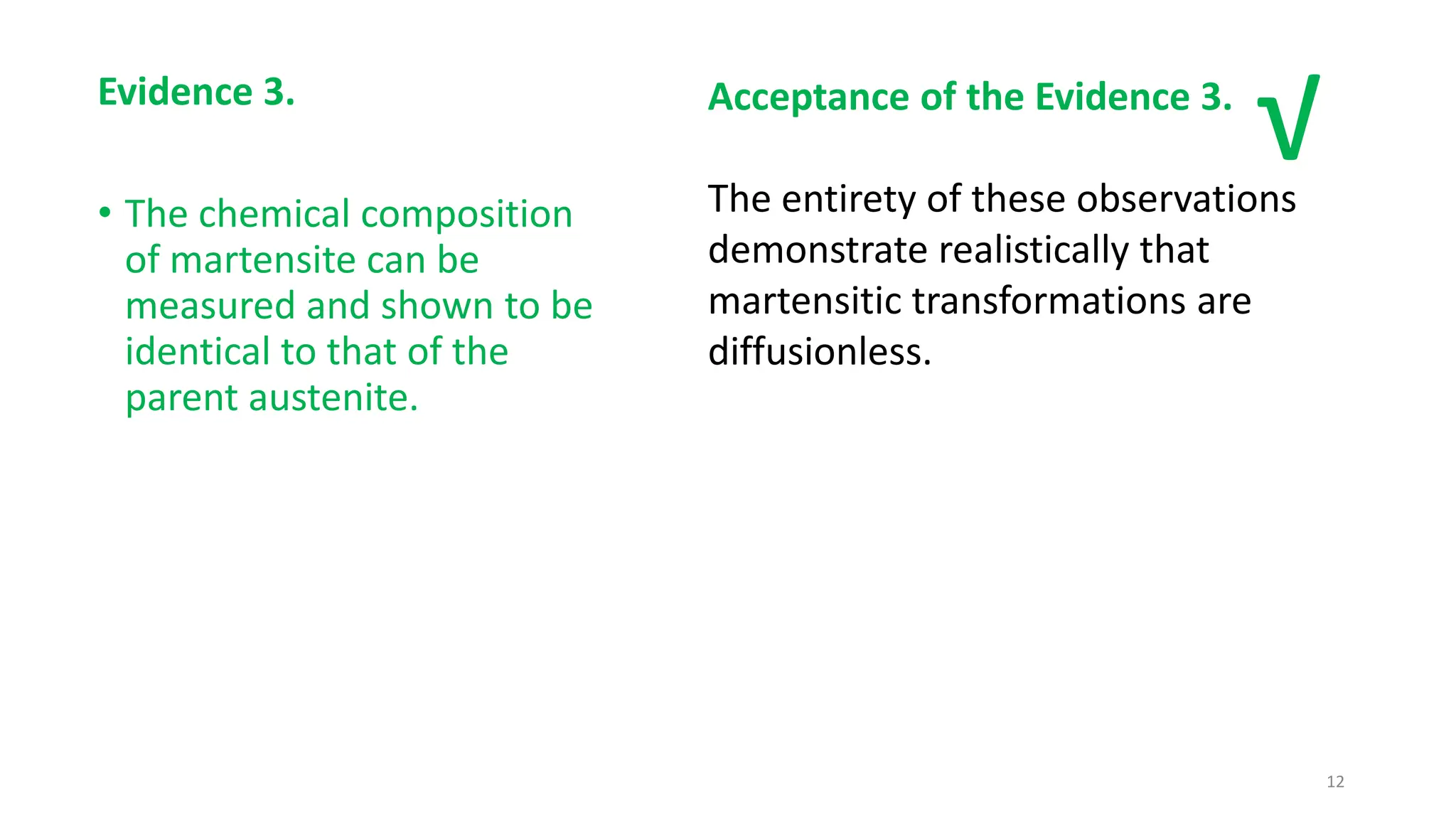 12
Evidence 3.
• The chemical composition
of martensite can be
measured and shown to be
identical to that of the
parent austenite.
Acceptance of the Evidence 3.
The entirety of these observations
demonstrate realistically that
martensitic transformations are
diffusionless.
√
 