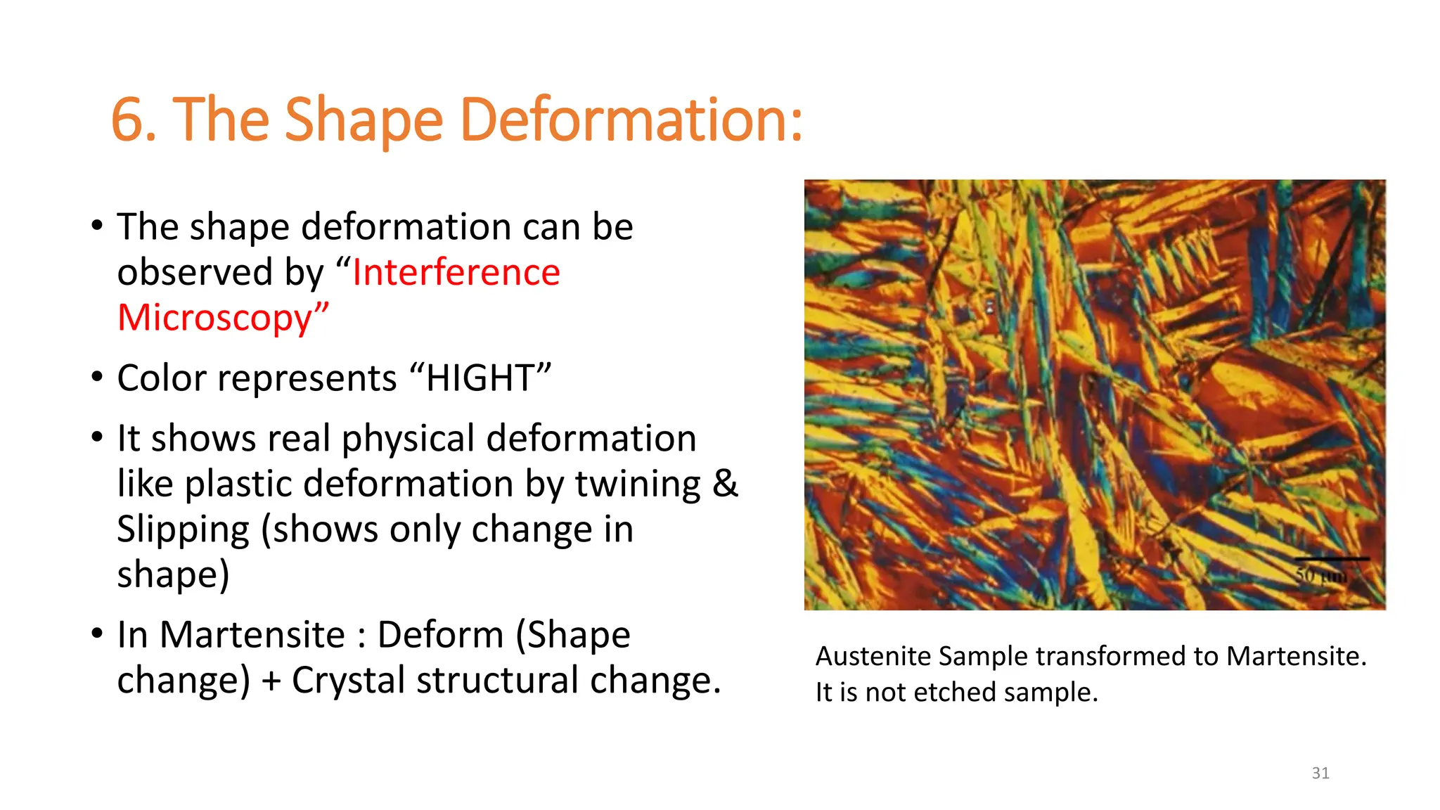 6. The Shape Deformation:
31
• The shape deformation can be
observed by “Interference
Microscopy”
• Color represents “HIGHT”
• It shows real physical deformation
like plastic deformation by twining &
Slipping (shows only change in
shape)
• In Martensite : Deform (Shape
change) + Crystal structural change.
Austenite Sample transformed to Martensite.
It is not etched sample.
 