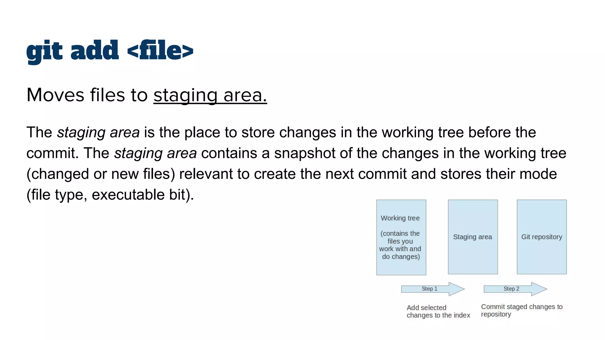git add <file>
Moves files to staging area.
The staging area is the place to store changes in the working tree before the
commit. The staging area contains a snapshot of the changes in the working tree
(changed or new files) relevant to create the next commit and stores their mode
(file type, executable bit).
 