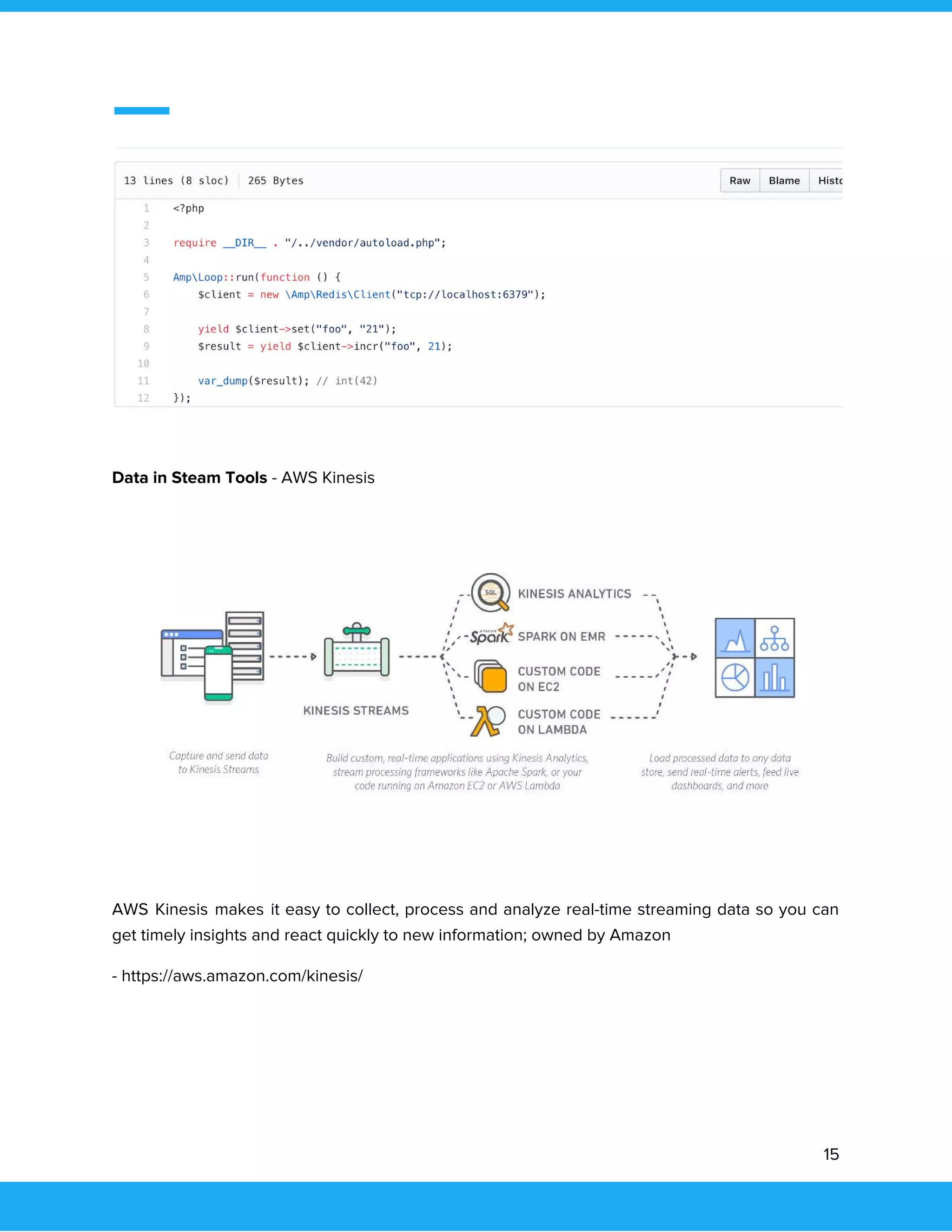  
 
 
Data in Steam Tools ​- AWS Kinesis 
 
AWS Kinesis makes it easy to collect, process and analyze real-time streaming data so you can                               
get timely insights and react quickly to new information; owned by Amazon  
- https://aws.amazon.com/kinesis/ 
 
 
 
15 
 