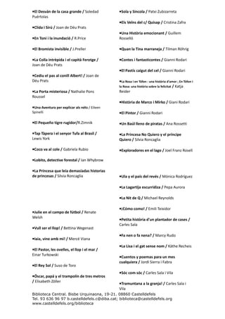 •El Desván de la casa grande / Soledad         •Sola y Sincola / Patxi Zubizarreta
Puértolas
                                               •Els Veïns del c/ Quisap / Cristina Zafra
•Clida i Sirú / Joan de Déu Prats
                                               •Una Història emocionant / Guillem
•En Toni i la inundació / R.Price              Rosselló

•El Bromista invisible / J.Preller             •Quan la Tina marraneja / Tilman Röhrig

•La Colla intrèpida i el capità Ferotge /      •Contes i fantasticontes / Gianni Rodari
Joan de Déu Prats
                                               •El Pastís caigut del cel / Gianni Rodari
•Cediu el pas al conill Albert! / Joan de
Déu Prats                                      •La Rosa i en Tòfon : una història d'amor ; En Tòfon i
                                               la Rosa: una història sobre la felicitat / Katja
•La Porta misteriosa / Nathalie Pons           Reider
Roussel
                                               •Història de Marco i Mirko / Giani Rodari
•Una Aventura per explicar als néts / Eileen
Spinelli                                       •El Pintor / Gianni Rodari

•El Pequeño tigre rugidor/R.Zimnik             •Un Baúl lleno de piratas / Ana Rossetti

•Tap Tàpera i el senyor Tufa al Brasil /       •La Princesa No Quiero y el príncipe
Lewis York                                     Quiero / Silvia Roncaglia

•Coco va al cole / Gabriela Rubio              •Exploradores en el lago / Joel Franz Rosell

•Lobito, detective forestal / Ian Whybrow

•La Princesa que leía demasiadas historias
de princesas / Silvia Roncaglia                •Ula y el país del revés / Mónica Rodríguez

                                               •La Lagartija escurridiza / Pepa Aurora

                                               •La Nit de Q / Michael Reynolds

                                               •¡Cómo como! / Emili Teixidor
•Julie en el campo de fútbol / Renate
Welsh
                                               •Petita història d'un plantador de cases /
                                               Carles Sala
•Vull ser el llop! / Bettina Wegenast
                                               •Fa nen o fa nena? / Marcy Rudo
•Iaia, vine amb mi! / Mercé Viana
                                               •La Lisa i el gat sense nom / Käthe Recheis
•El Pastor, les ovelles, el llop i el mar /
Einar Turkowski
                                               •Cuentos y poemas para un mes
                                               cualquiera / Jordi Sierra i Fabra
•El Rey Sol / Suso de Toro
                                               •Sóc com sóc / Carles Sala i Vila
•Óscar, papá y el trampolín de tres metros
/ Elisabeth Zöller
                                               •Tramuntana a la granja! / Carles Sala i
                                               Vila
Biblioteca Central. Bisbe Urquinaona, 19-21. 08860 Castelldefels
Tel. 93 636 96 97 b.castelldefels.c@diba.cat; biblioteca@castelldefels.org
www.castelldefels.org/biblioteca
 