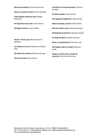 •Nariz de serpiente / Carmelo Salmerón        •La Dotte treu foc pels queixals / Patricia
                                              Schröder
•Com ha canviat el conte! / Anna Tortajada
                                              •La Boira pudent / Joles Sennell
•Judy Moody cambia de look / Megan
McDonald                                      •Les Joguines imaginàries / Joles Sennell

•El Superheroi de la tele / Joles Sennell     •Quina vergonya, el pare! / Meïr Shalev

•El Mitjó vermell / Ursel Scheffler           •Els Seus millors amics / Rachel Anderson

                                              •El Árbol de los abuelos / Danièle Fossette

                                              •A l'Edat de Pedra / Satoshi Kitamura
•Zarah : No tens por, oi? / Drvenkar &
Baltschet                                     •Sam, la superdetective / Paul van Loon

•La Noche es un tren / Alejandro Sandoval     •Un Elefant amb cor d'ocell / Mariasun
Ávila                                         Landa

•El Ladrón de mentiras / Roberto Santiago     •Sopa de sueño y otras recetas de
                                              cococina / José Antonio Ramírez
•Em venc el pare / Care Santos




Biblioteca Central. Bisbe Urquinaona, 19-21. 08860 Castelldefels
Tel. 93 636 96 97 b.castelldefels.c@diba.cat; biblioteca@castelldefels.org
www.castelldefels.org/biblioteca
 