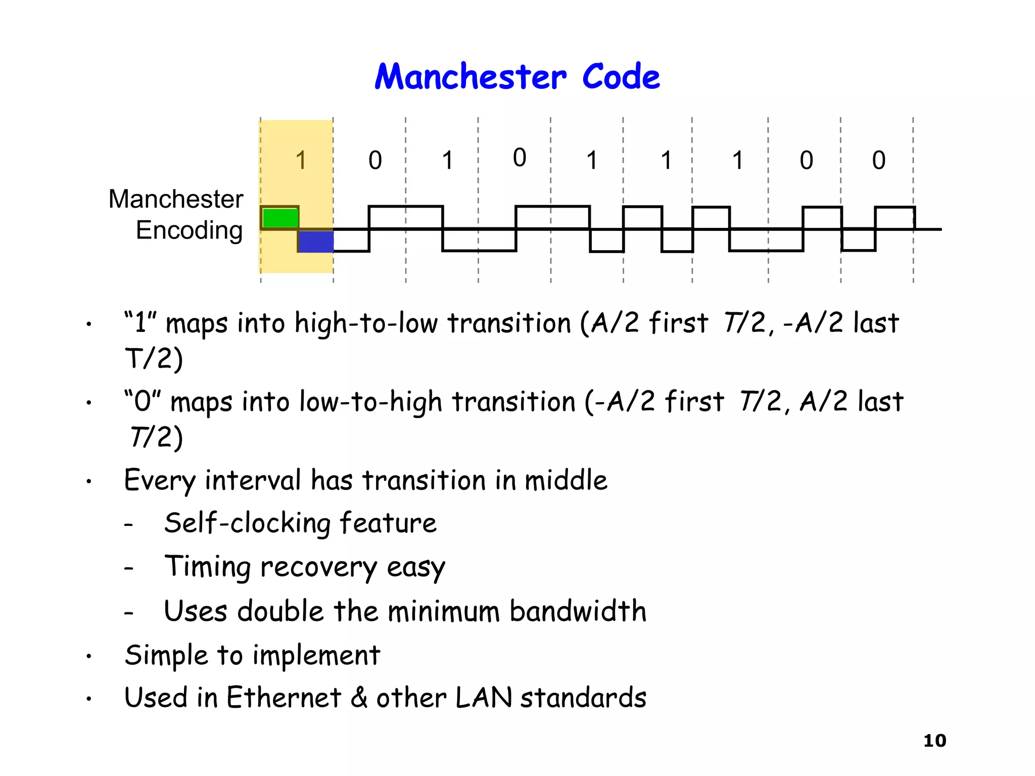 10
Manchester Code
• “1” maps into high-to-low transition (A/2 first T/2, -A/2 last
T/2)
• “0” maps into low-to-high transition (-A/2 first T/2, A/2 last
T/2)
• Every interval has transition in middle
– Self-clocking feature
– Timing recovery easy
– Uses double the minimum bandwidth
• Simple to implement
• Used in Ethernet & other LAN standards
1 0 1 0 1 1 0 01
Manchester
Encoding
 