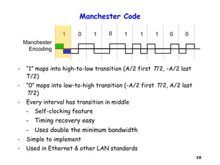 10
Manchester Code
• “1” maps into high-to-low transition (A/2 first T/2, -A/2 last
T/2)
• “0” maps into low-to-high transition (-A/2 first T/2, A/2 last
T/2)
• Every interval has transition in middle
– Self-clocking feature
– Timing recovery easy
– Uses double the minimum bandwidth
• Simple to implement
• Used in Ethernet & other LAN standards
1 0 1 0 1 1 0 01
Manchester
Encoding
 