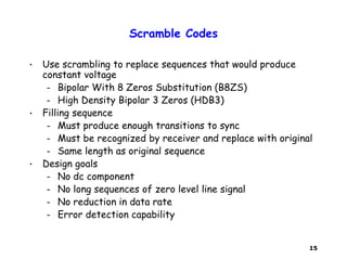 15
Scramble Codes
• Use scrambling to replace sequences that would produce
constant voltage
– Bipolar With 8 Zeros Substitution (B8ZS)
– High Density Bipolar 3 Zeros (HDB3)
• Filling sequence
– Must produce enough transitions to sync
– Must be recognized by receiver and replace with original
– Same length as original sequence
• Design goals
– No dc component
– No long sequences of zero level line signal
– No reduction in data rate
– Error detection capability
 