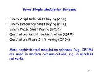 21
Some Simple Modulation Schemes
• Binary Amplitude Shift Keying (ASK)
• Binary Frequency Shift Keying (FSK)
• Binary Phase Shift Keying (BPSK)
• Quadrature Amplitude Modulation (QAM)
• Quadrature Phase Shift Keying (QPSK)
More sophisticated modulation schemes (e.g. OFDM)
are used in modern communications, e.g. in wireless
networks.
 