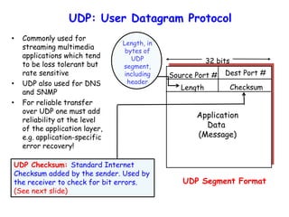 UDP: User Datagram Protocol
• Commonly used for
streaming multimedia
applications which tend
to be loss tolerant but
rate sensitive
• UDP also used for DNS
and SNMP
• For reliable transfer
over UDP one must add
reliability at the level
of the application layer,
e.g. application-specific
error recovery!
Source Port # Dest Port #
32 bits
Application
Data
(Message)
UDP Segment Format
Length Checksum
Length, in
bytes of
UDP
segment,
including
header
UDP Checksum: Standard Internet
Checksum added by the sender. Used by
the receiver to check for bit errors.
(See next slide)
 