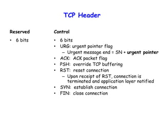 TCP Header
Reserved
• 6 bits
Control
• 6 bits
• URG: urgent pointer flag
– Urgent message end = SN + urgent pointer
• ACK: ACK packet flag
• PSH: override TCP buffering
• RST: reset connection
– Upon receipt of RST, connection is
terminated and application layer notified
• SYN: establish connection
• FIN: close connection
 