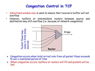 Congestion Control in TCP
• Advertised window size is used to ensure that receiver’s buffer will not
overflow
• However, buffers at intermediate routers between source and
destination may still overflow (i.e. because of network congestion)
Router
R bps
Packetflowsmay
comeinfrommany
sources
 Congestion occurs when total arrival rate from all packet flows exceeds
R over a sustained period of time
 When congestion occurs, buffers at routers will fill and packets will be
lost
 
