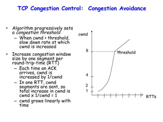 TCP Congestion Control: Congestion Avoidance
• Algorithm progressively sets
a congestion threshold
– When cwnd > threshold,
slow down rate at which
cwnd is increased
• Increase congestion window
size by one segment per
round-trip-time (RTT)
– Each time an ACK
arrives, cwnd is
increased by 1/cwnd
– In one RTT, cwnd
segments are sent, so
total increase in cwnd is
cwnd x 1/cwnd = 1
– cwnd grows linearly with
time
RTTs
1
2
4
8
cwnd
threshold
 