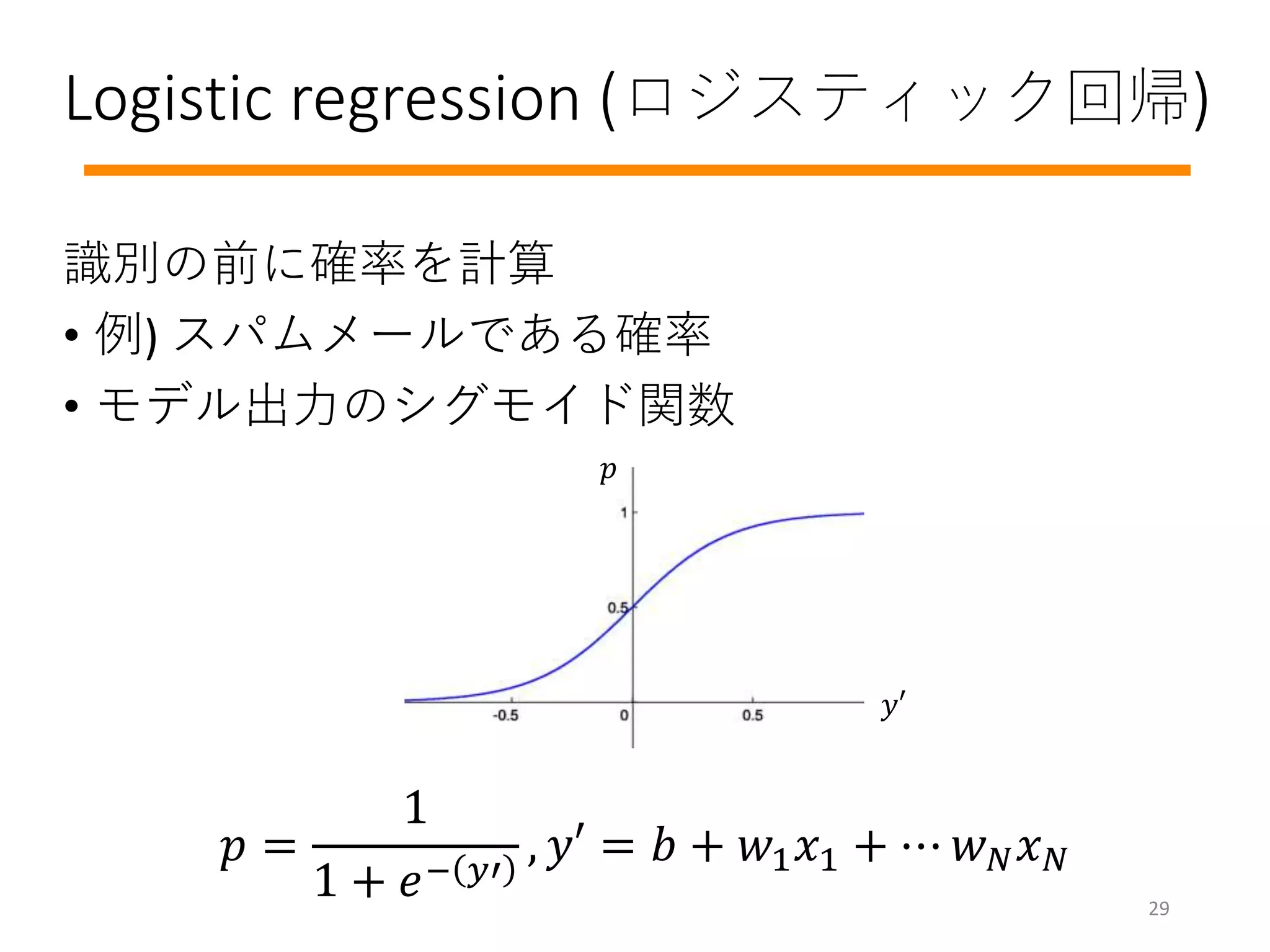 Logistic regression (ロジスティック回帰)
識別の前に確率を計算
• 例) スパムメールである確率
• モデル出力のシグモイド関数
𝑝 =
1
1 + 𝑒− 𝑦′
, 𝑦′ = 𝑏 + 𝑤1 𝑥1 + ⋯ 𝑤 𝑁 𝑥 𝑁
𝑝
𝑦′
29
 