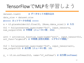 TensorFlowMLPѧ褦
42
dataset.load() # ǩ`åȤiz
data_size = dataset.size
#===== ͥåȥ` =====
x = tf.placeholder(tf.float32, [None,(data_size)]) # 
fc1 = fullyconnected_layer(name=fc1, input_tensor=x,
num_output=256) # g (˥`: 256)
act1 = activation_function_layer(name=act1, input_tensor=fc1,
act_func=sigmoid) # g(Իv: ⥤v)
fc2 = fullyconnected_layer(name=fc2, input_tensor=act1,
num_output=10) #  (˥`: 10)
y_ = tf.nn.softmax(fc2, name=tf_softmax) # (softmax)
 
