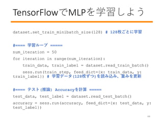 TensorFlowMLPѧ褦
44
dataset.set_train_minibatch_size(128) # 128öȤѧ
#==== ѧ` =====
num_iteration = 50
for iteration in range(num_iteration):
train_data, train_label = dataset.read_train_batch()
sess.run(train_step, feed_dict={x: train_data, y:
train_label}) # ѧǩ`(128ö)izߡؤߤ
#==== ƥ(Փ) AccuracyӋ =====
test_data, test_label = dataset.read_test_batch()
accuracy = sess.run(accuracy, feed_dict={x: test_data, y:
test_label})
 