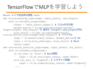 TensorFlowMLPѧ褦
45
#==== 쥤ӛäv ====
def fullyconnected_layer(name, input_tensor, num_output):
with tf.variable_scope(name):
nInput = input_tensor.shape[1] # xδԪ
weight_matrix = tf.get_variable(name=weight,
shape=(nInput, num_output)) # ؤW (nInputnum_output)
bias_vector = tf.get_variable(name=bias,
initializer=tf.zeros(shape=(num_output))) # Хb
layer = tf.matmul(input_tensor, weight_matrix)# Wx
layer = tf.nn.bias_add(layer, bias_vector) # Wx+b
return layer
def activation_function_layer(name, input_tensor, act_func):
with tf.variable_scope(name):
if act_func is 'relu: # ReLUv
layer = tf.nn.relu(input_tensor, name='ReLU)
elif act_func is sigmoid: # ⥤v
layer = tf.nn.sigmoid(input_tensor, name='Sigmoid)
...
 