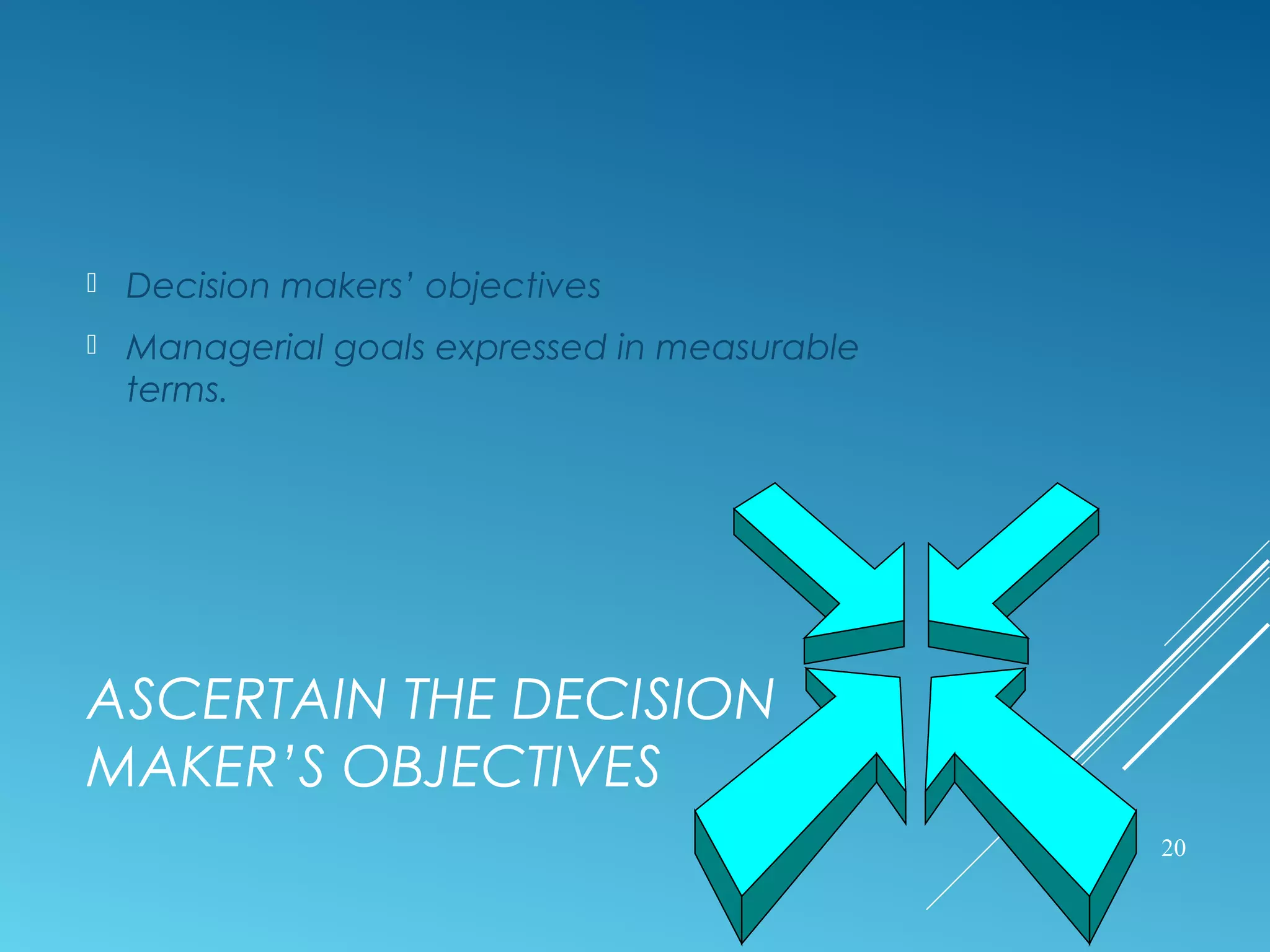 ASCERTAIN THE DECISION
MAKER’S OBJECTIVES
 Decision makers’ objectives
 Managerial goals expressed in measurable
terms.
20
 