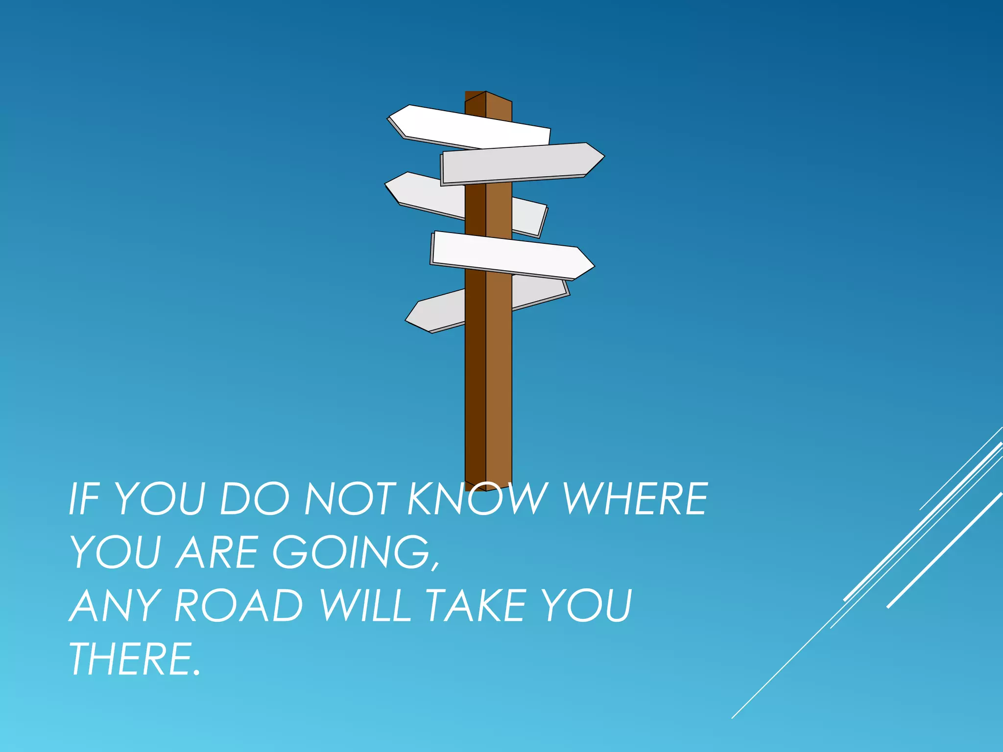 IF YOU DO NOT KNOW WHERE
YOU ARE GOING,
ANY ROAD WILL TAKE YOU
THERE.
 