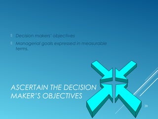 ASCERTAIN THE DECISION
MAKER’S OBJECTIVES
 Decision makers’ objectives
 Managerial goals expressed in measurable
terms.
20
 