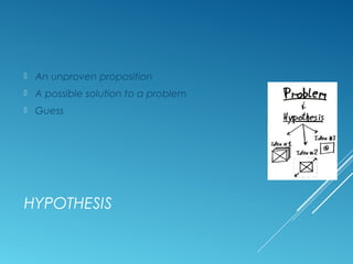 HYPOTHESIS
 An unproven proposition
 A possible solution to a problem
 Guess
 