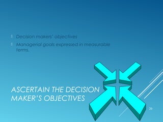 ASCERTAIN THE DECISION
MAKER’S OBJECTIVES
 Decision makers’ objectives
 Managerial goals expressed in measurable
terms.
...