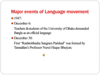 Major events of Language movement
⚫1947:
⚫December 6:
Teachers &students of the University of Dhaka demanded
Bangla as an official language
⚫December 30:
First “Rashtrobhasha Sangram Parishad” was formed by
Tamaddun’s Professor Nurul Haque Bhuiyan.
 