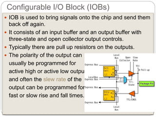 Sunday, August 21, 2022
ww.iiu.edu.pk 9
 IOB is used to bring signals onto the chip and send them
back off again.
 It consists of an input buffer and an output buffer with
three-state and open collector output controls.
 Typically there are pull up resistors on the outputs.
 The polarity of the output can
usually be programmed for
active high or active low output,
and often the slew rate of the
output can be programmed for
fast or slow rise and fall times.
Configurable I/O Block (IOBs)
 