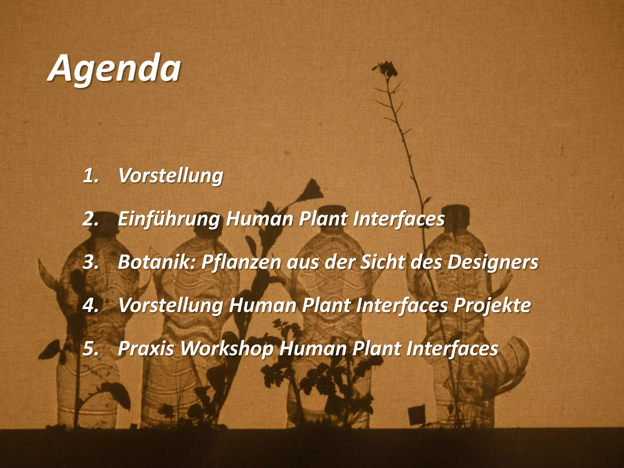 Agenda
1. Vorstellung
2. Einführung Human Plant Interfaces
3. Botanik: Pflanzen aus der Sicht des Designers
4. Vorstellung Human Plant Interfaces Projekte
5. Praxis Workshop Human Plant Interfaces
 