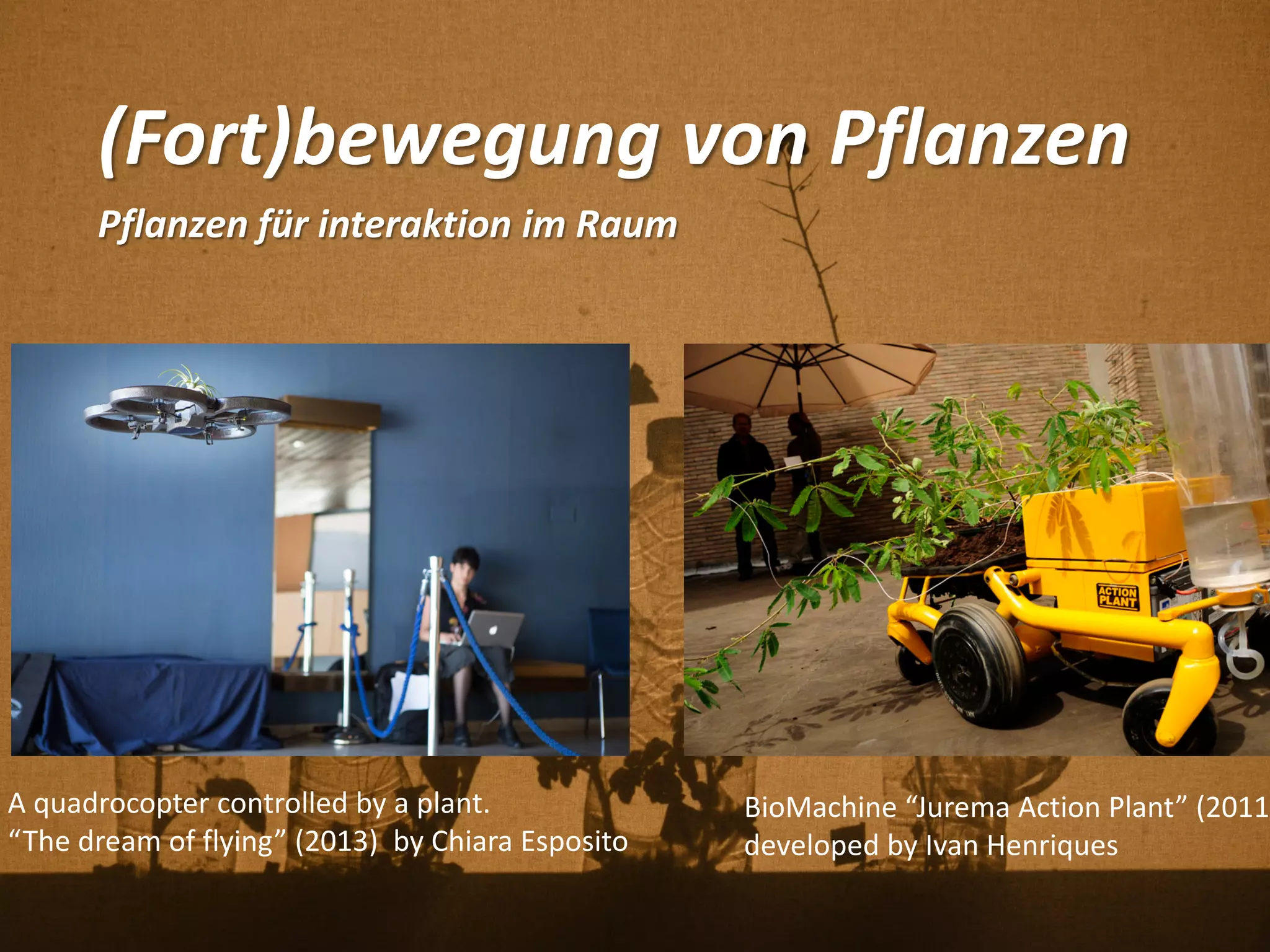 (Fort)bewegung von Pflanzen
Pflanzen für interaktion im Raum
BioMachine “Jurema Action Plant” (2011
developed by Ivan Henriques
A quadrocopter controlled by a plant.
“The dream of flying” (2013) by Chiara Esposito
 