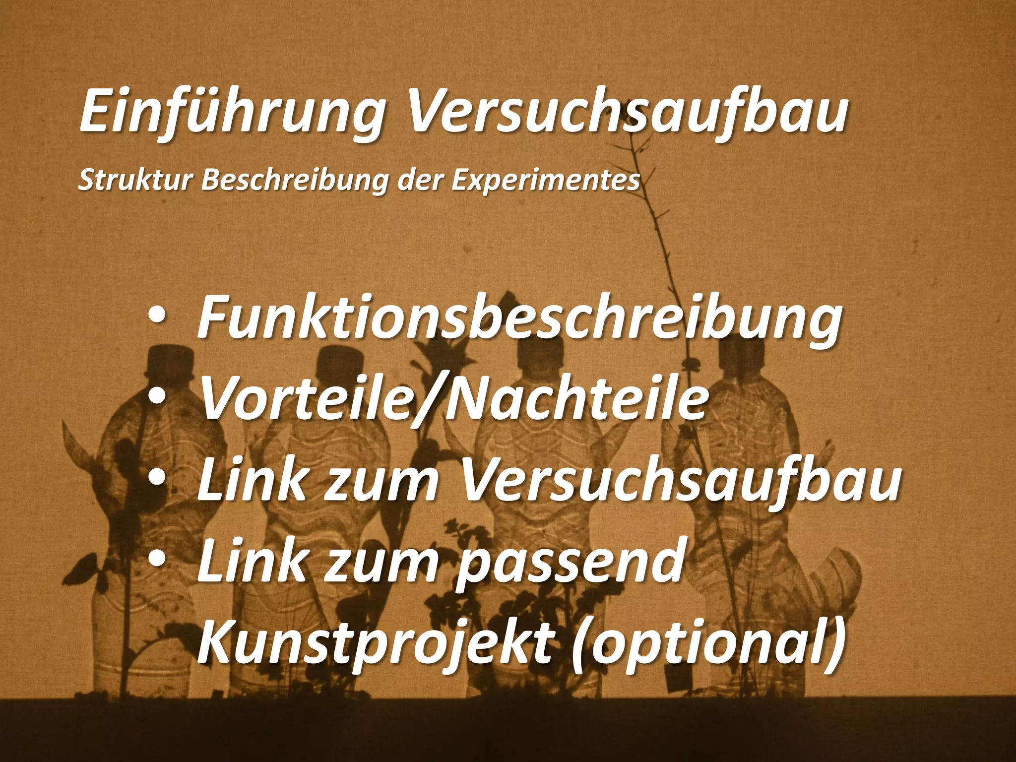 Einführung Versuchsaufbau
Struktur Beschreibung der Experimentes
• Funktionsbeschreibung
• Vorteile/Nachteile
• Link zum Versuchsaufbau
• Link zum passend
Kunstprojekt (optional)
 