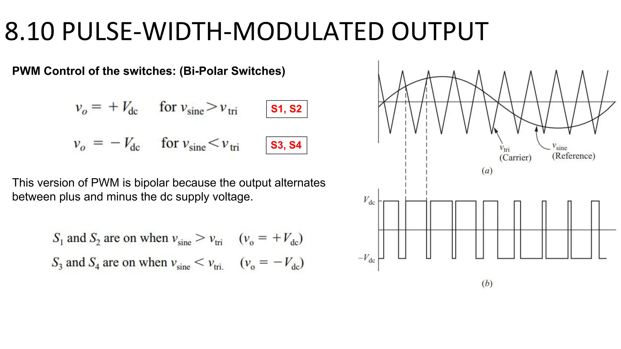 8.10 PULSE-WIDTH-MODULATED OUTPUT
PWM Control of the switches: (Bi-Polar Switches)
This version of PWM is bipolar because the output alternates
between plus and minus the dc supply voltage.
S1, S2
S3, S4
 