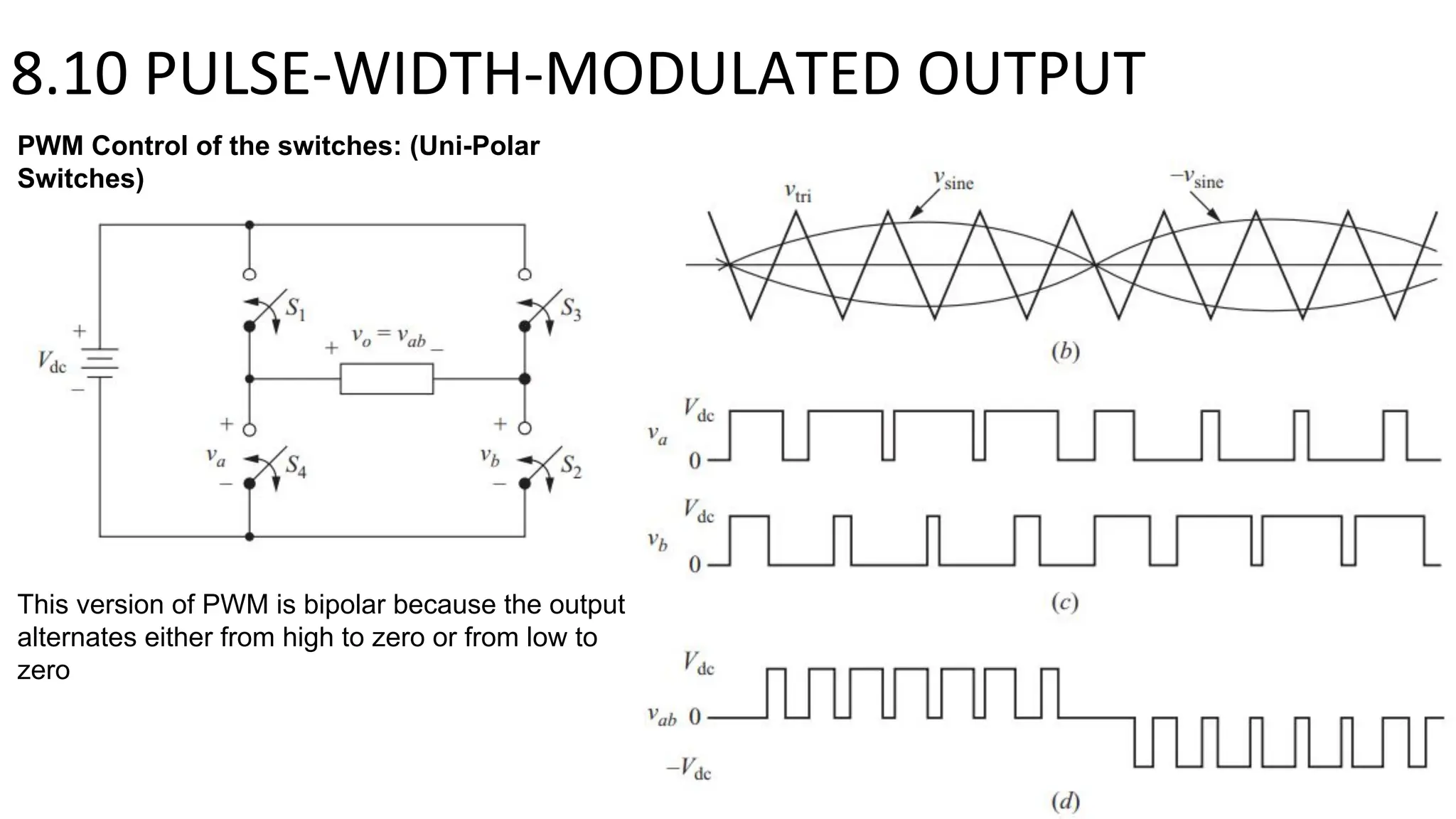 8.10 PULSE-WIDTH-MODULATED OUTPUT
PWM Control of the switches: (Uni-Polar
Switches)
This version of PWM is bipolar because the output
alternates either from high to zero or from low to
zero
 
