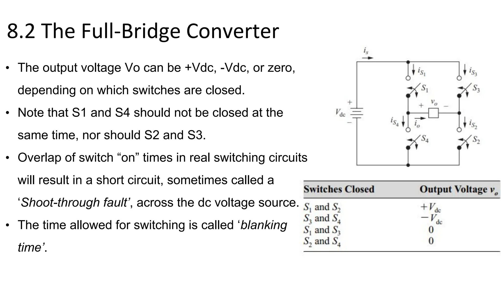 8.2 The Full-Bridge Converter
• The output voltage Vo can be +Vdc, -Vdc, or zero,
depending on which switches are closed.
• Note that S1 and S4 should not be closed at the
same time, nor should S2 and S3.
• Overlap of switch “on” times in real switching circuits
will result in a short circuit, sometimes called a
‘Shoot-through fault’, across the dc voltage source.
• The time allowed for switching is called ‘blanking
time’.
 