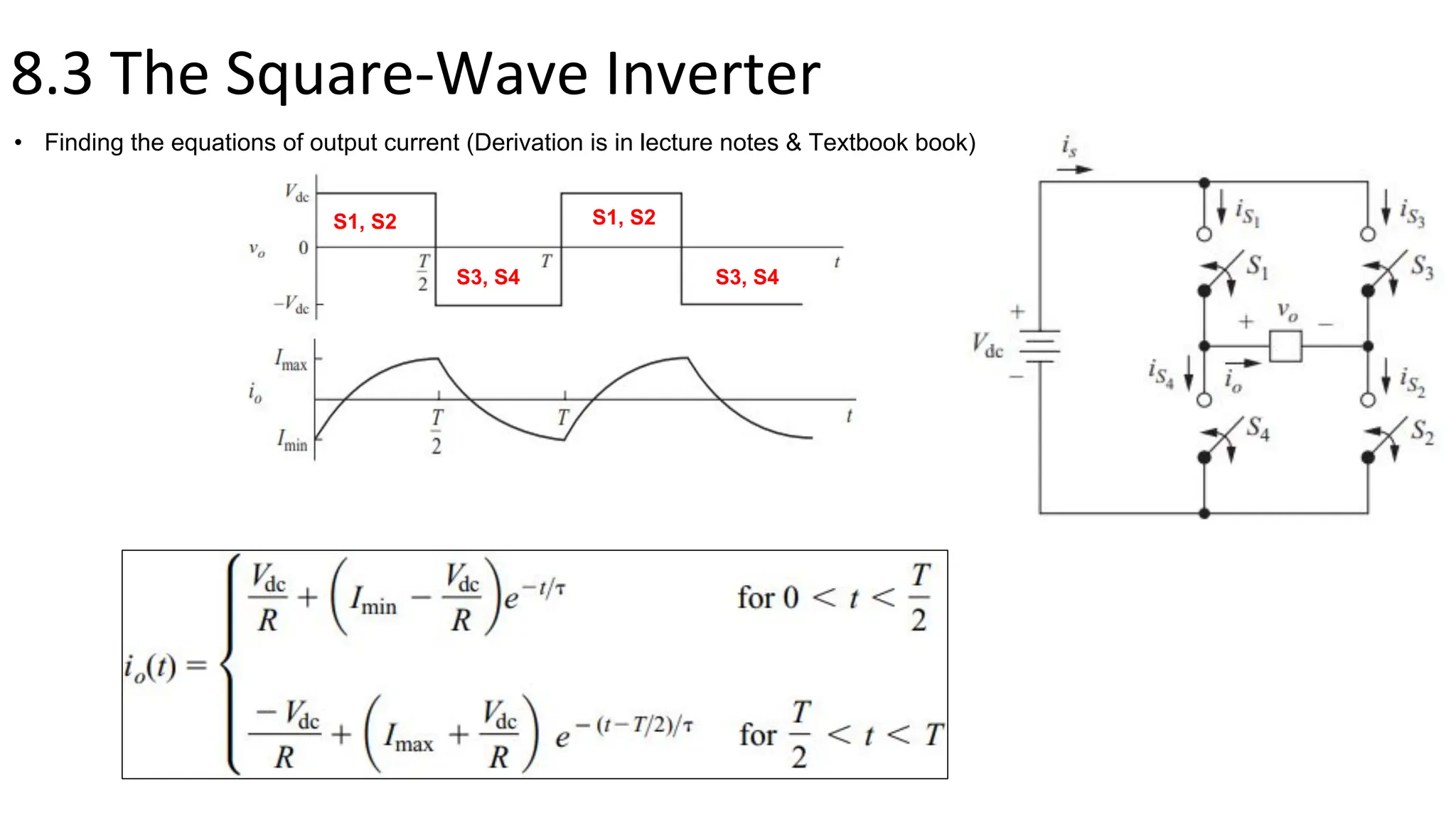 8.3 The Square-Wave Inverter
• Finding the equations of output current (Derivation is in lecture notes & Textbook book)
S1, S2
S3, S4
S1, S2
S3, S4
 