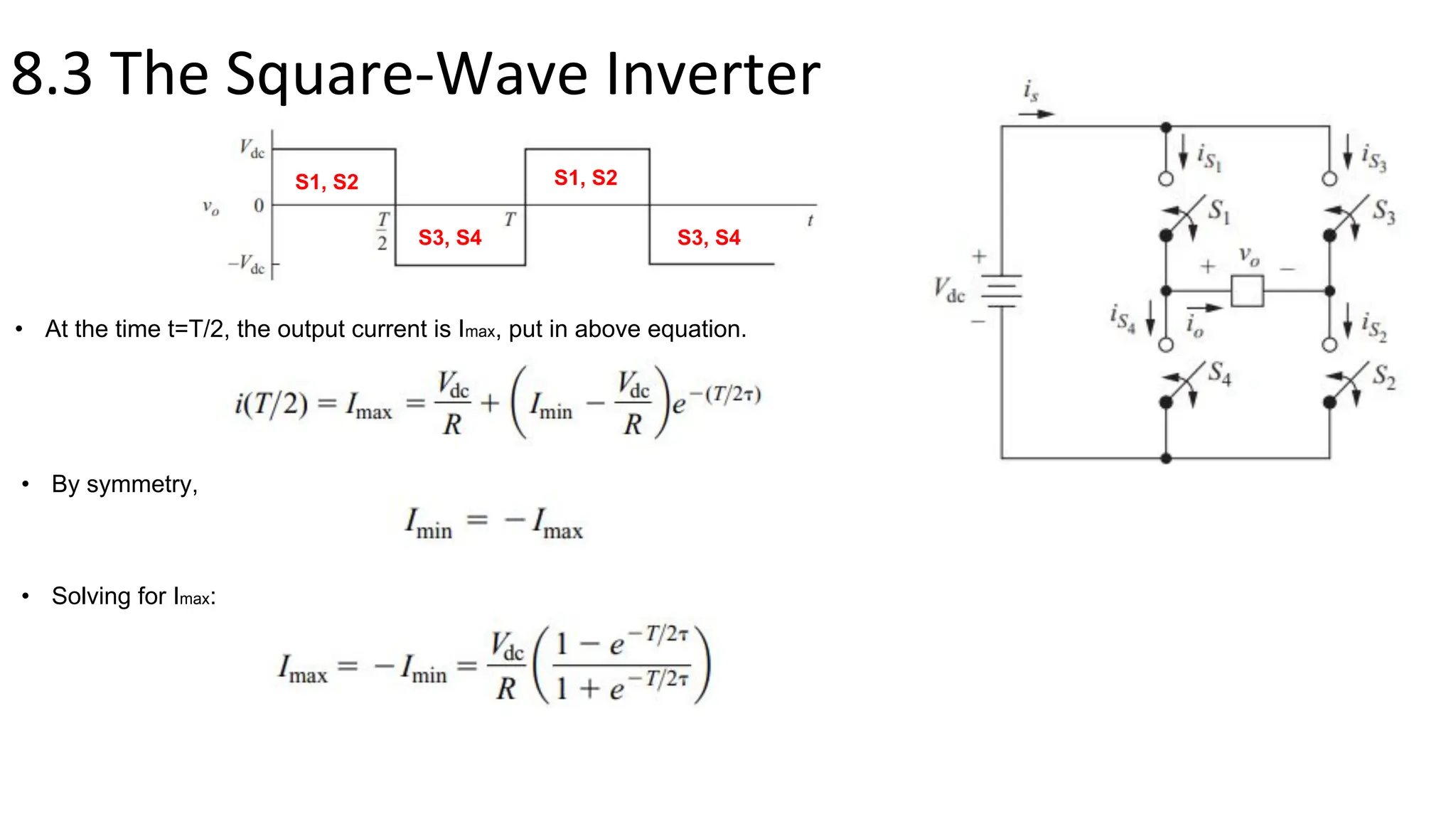 8.3 The Square-Wave Inverter
• At the time t=T/2, the output current is Imax, put in above equation.
S1, S2
S3, S4
S1, S2
S3, S4
• By symmetry,
• Solving for Imax:
 