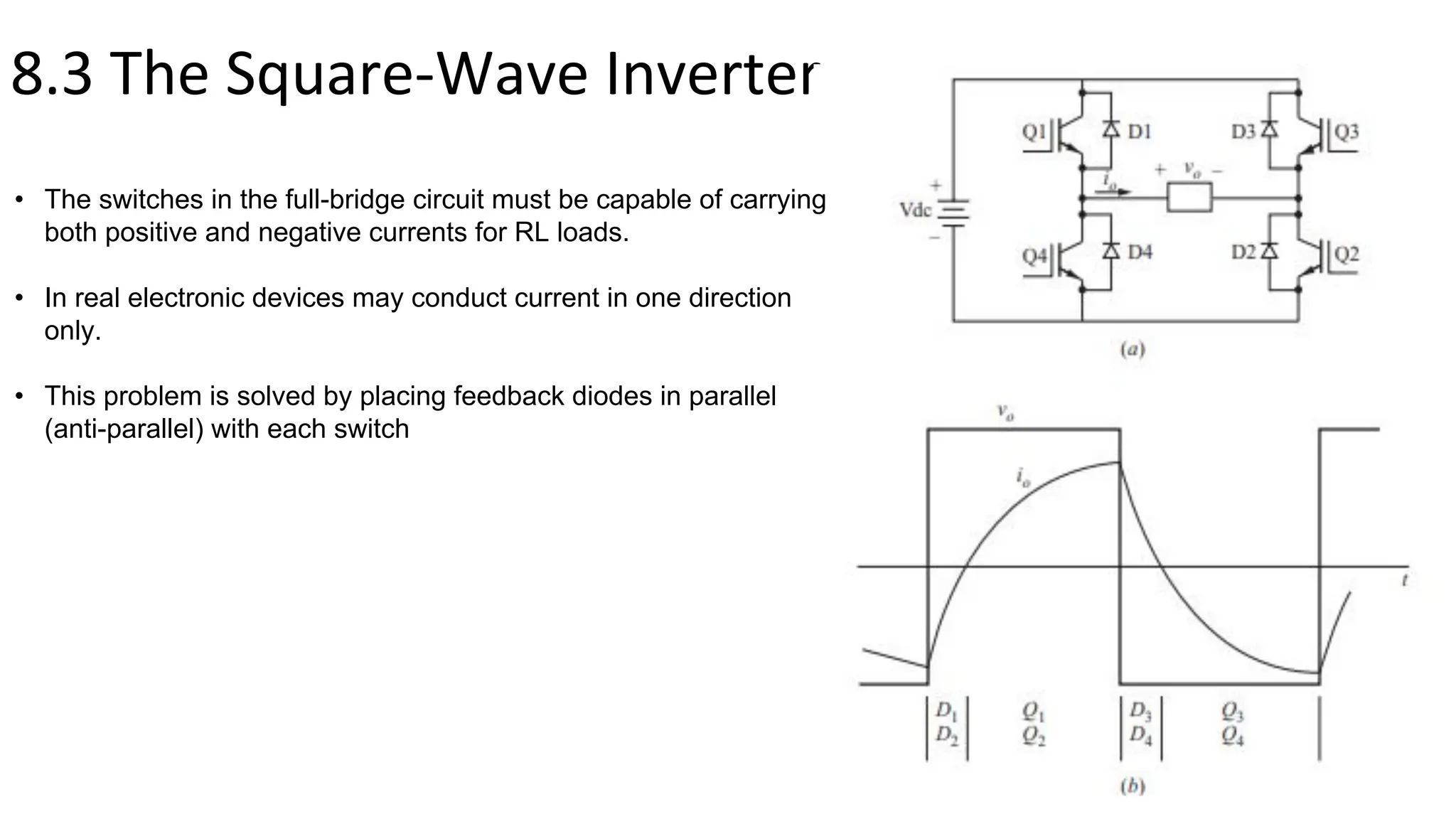 8.3 The Square-Wave Inverter
• The switches in the full-bridge circuit must be capable of carrying
both positive and negative currents for RL loads.
• In real electronic devices may conduct current in one direction
only.
• This problem is solved by placing feedback diodes in parallel
(anti-parallel) with each switch
 