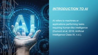INTRODUCTION TO AI
AI refers to machines or
applications performing tasks
requiring human-like intelligence
(Dumont et.al, 2016; Artificial
Intelligence Class IX, n.d.).
 