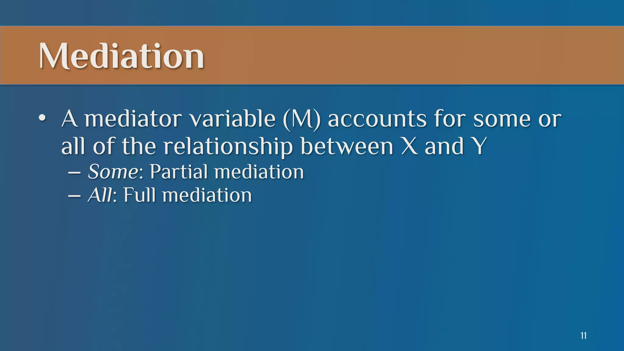 Mediation
•  A mediator variable (M) accounts for some or
all of the relationship between X and Y
–  Some: Partial mediation
–  All: Full mediation

11

 