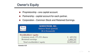 Proprietorship - one capital account.
 Partnership - capital account for each partner.
 Corporation - Common Stock and...
