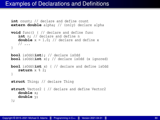 Examples of Declarations and Definitions
int count; // declare and define count
extern double alpha; // (only) declare alpha
void func() { // declare and define func
int n; // declare and define n
double x = 1.0; // declare and define x
// ...
}
bool isOdd(int); // declare isOdd
bool isOdd(int x); // declare isOdd (x ignored)
bool isOdd(int x) { // declare and define isOdd
return x % 2;
}
struct Thing; // declare Thing
struct Vector2 { // declare and define Vector2
double x;
double y;
};
Copyright © 2015–2021 Michael D. Adams Programming in C++ Version 2021-04-01 80
 