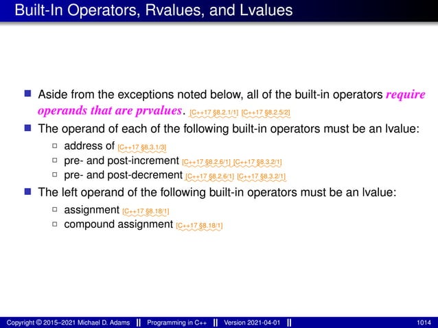 Built-In Operators, Rvalues, and Lvalues
■ Aside from the exceptions noted below, all of the built-in operators require
operands that are prvalues. ⁓⁓⁓⁓⁓⁓⁓⁓
[C++17 §8.2.1/1]
⁓⁓⁓⁓⁓⁓⁓⁓
[C++17 §8.2.5/2]
■ The operand of each of the following built-in operators must be an lvalue:
2 address of ⁓⁓⁓⁓⁓⁓⁓⁓
[C++17 §8.3.1/3]
2 pre- and post-increment ⁓⁓⁓⁓⁓⁓⁓⁓
[C++17 §8.2.6/1]
⁓⁓⁓⁓⁓⁓⁓⁓
[C++17 §8.3.2/1]
2 pre- and post-decrement ⁓⁓⁓⁓⁓⁓⁓⁓
[C++17 §8.2.6/1]
⁓⁓⁓⁓⁓⁓⁓⁓
[C++17 §8.3.2/1]
■ The left operand of the following built-in operators must be an lvalue:
2 assignment ⁓⁓⁓⁓⁓⁓⁓
[C++17 §8.18/1]
2 compound assignment ⁓⁓⁓⁓⁓⁓⁓
[C++17 §8.18/1]
Copyright © 2015–2021 Michael D. Adams Programming in C++ Version 2021-04-01 1014
 
