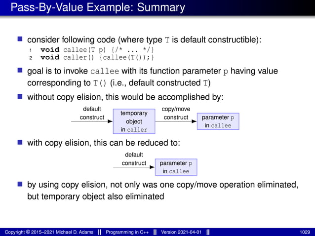 Pass-By-Value Example: Summary
■ consider following code (where type T is default constructible):
1 void callee(T p) {/* ... */}
2 void caller() {callee(T());}
■ goal is to invoke callee with its function parameter p having value
corresponding to T() (i.e., default constructed T)
■ without copy elision, this would be accomplished by:
temporary
object
in caller
parameter p
in callee
default
construct
copy/move
construct
■ with copy elision, this can be reduced to:
parameter p
in callee
default
construct
■ by using copy elision, not only was one copy/move operation eliminated,
but temporary object also eliminated
Copyright © 2015–2021 Michael D. Adams Programming in C++ Version 2021-04-01 1029
 