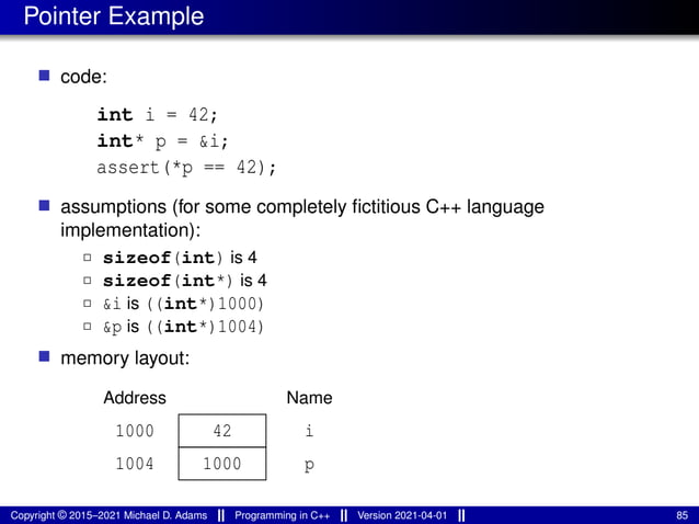 Pointer Example
■ code:
int i = 42;
int* p = &i;
assert(*p == 42);
■ assumptions (for some completely fictitious C++ language
implementation):
2 sizeof(int) is 4
2 sizeof(int*) is 4
2 &i is ((int*)1000)
2 &p is ((int*)1004)
■ memory layout:
42
1000
i
p
Name
Address
1000
1004
Copyright © 2015–2021 Michael D. Adams Programming in C++ Version 2021-04-01 85
 