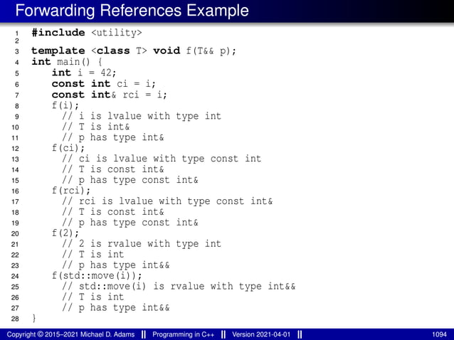 Forwarding References Example
1 #include <utility>
2
3 template <class T> void f(T&& p);
4 int main() {
5 int i = 42;
6 const int ci = i;
7 const int& rci = i;
8 f(i);
9 // i is lvalue with type int
10 // T is int&
11 // p has type int&
12 f(ci);
13 // ci is lvalue with type const int
14 // T is const int&
15 // p has type const int&
16 f(rci);
17 // rci is lvalue with type const int&
18 // T is const int&
19 // p has type const int&
20 f(2);
21 // 2 is rvalue with type int
22 // T is int
23 // p has type int&&
24 f(std::move(i));
25 // std::move(i) is rvalue with type int&&
26 // T is int
27 // p has type int&&
28 }
Copyright © 2015–2021 Michael D. Adams Programming in C++ Version 2021-04-01 1094
 